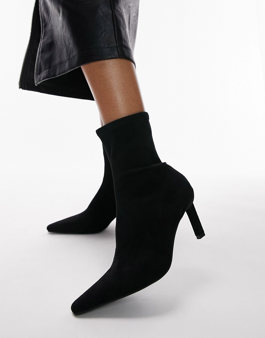 Topshop Olive pointed heeled sock boot in black