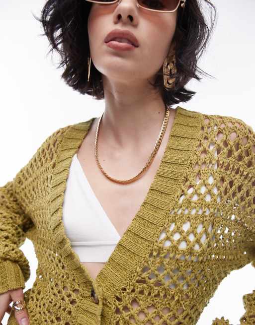 Topshop - Olivengrøn cardigan i forskellige strik, 4 af 4