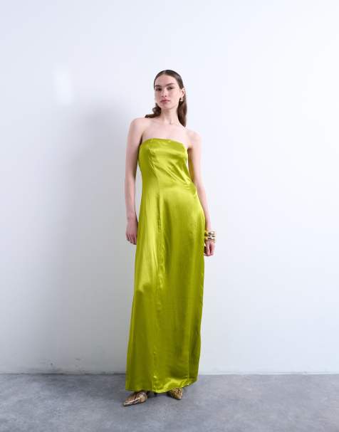 Topshop - Olivengrøn midikjole i satin med bandeausnit - view 1
