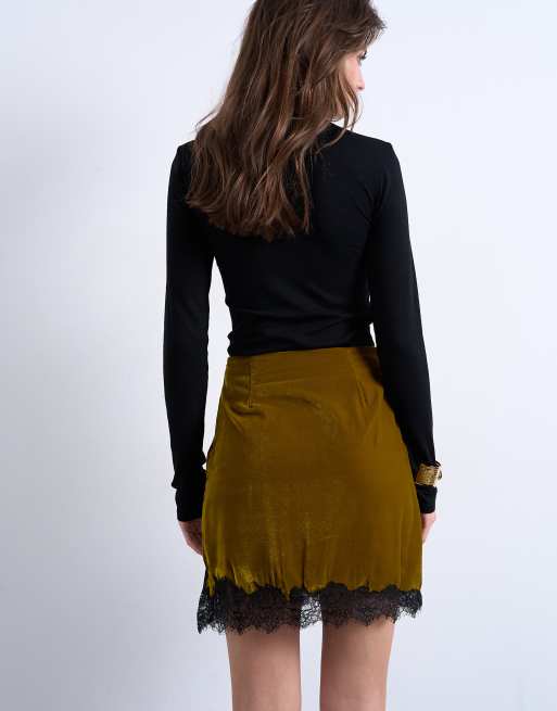 Topshop - Olivengrøn mininederdel i velour med blondekant, 4 af 5