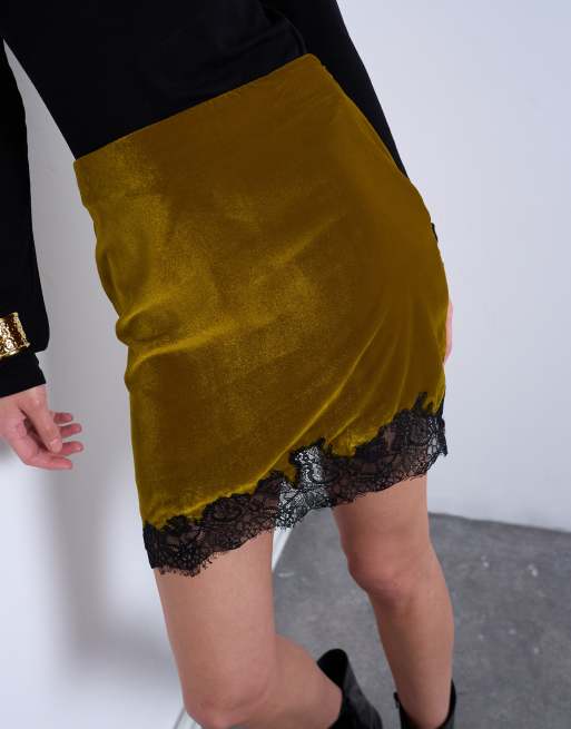 Topshop - Olivengrøn mininederdel i velour med blondekant, 5 af 5