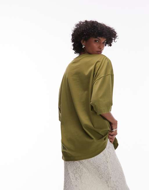 Topshop - Olivengrøn oversized T-shirt med sænkede skuldre, 4 af 4