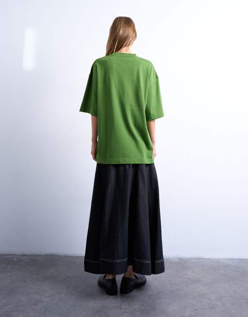 Topshop - Olivengrøn oversized T-shirt med sænkede skuldre, 4 af 4