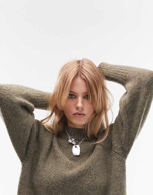 Topshop - Olivengrøn, strikket minikjole med rund hals, 3 af 4