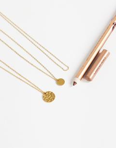 Model wearing Oliver waterproof stainless steel multipack necklace in gold