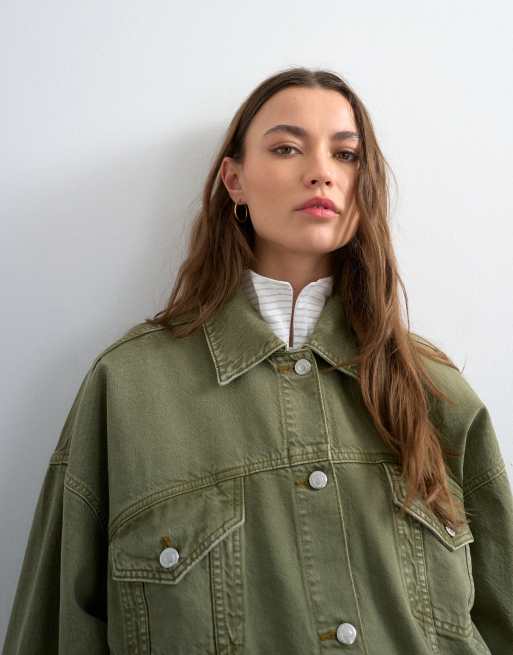 Topshop – Olivgrön jeansjacka med ballongärmar, 3 av 4