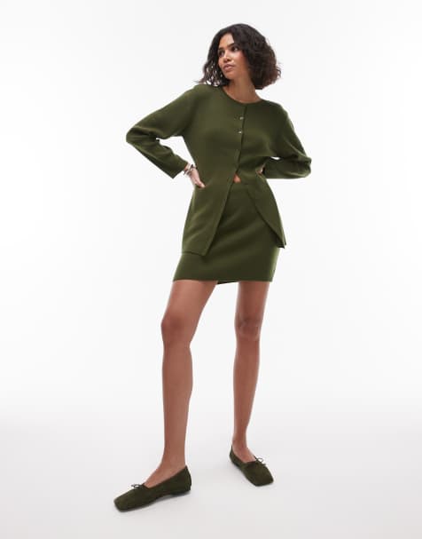 Topshop – Olivgrön, kompakt stickad minikjol, del av set - view 1