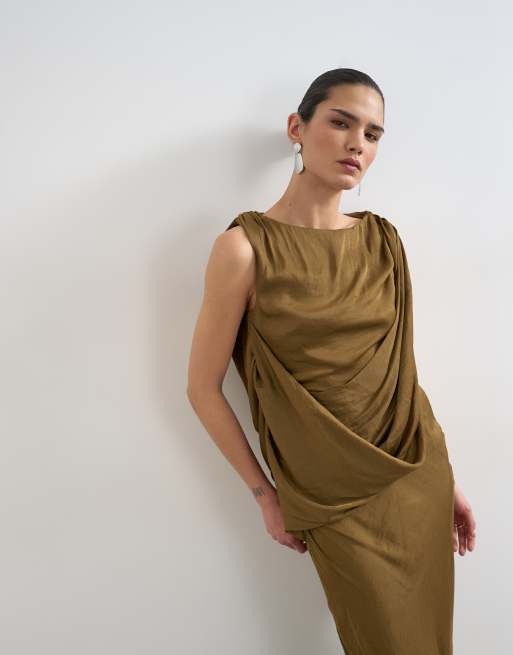 Topshop – Olivgrön maxiklänning i satin med båtringning och drapering framtill, 2 av 4