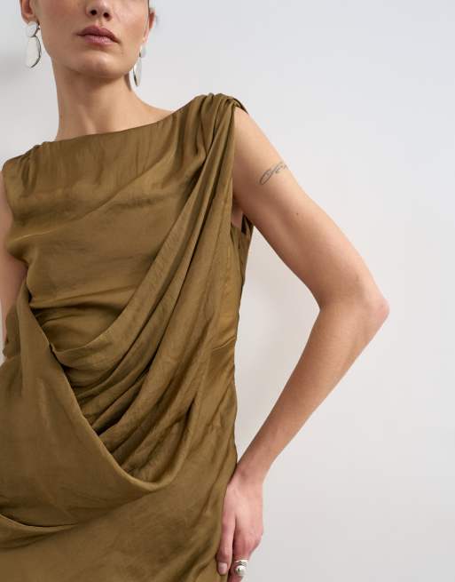 Topshop – Olivgrön maxiklänning i satin med båtringning och drapering framtill, 3 av 4