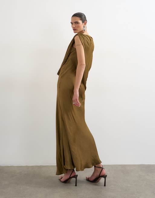 Topshop – Olivgrön maxiklänning i satin med båtringning och drapering framtill, 4 av 4