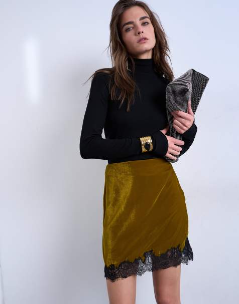 Topshop – Olivgrön minikjol i sammet och spets - view 1