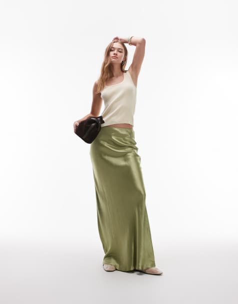 Topshop satin bias maxi skirt in olive