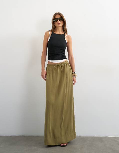 Topshop – Oliwkowa spódnica maxi o bardzo luźnym kroju, z wiązaniem w talii - view 1