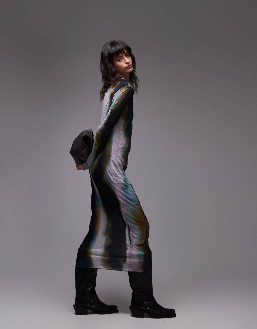 Topshop ombre long sleeve midaxi dress in multi