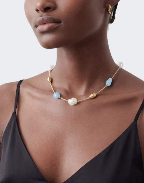 Topshop – Omelia – Guldfärgat och blått halsband med fuskpärlor - view 1