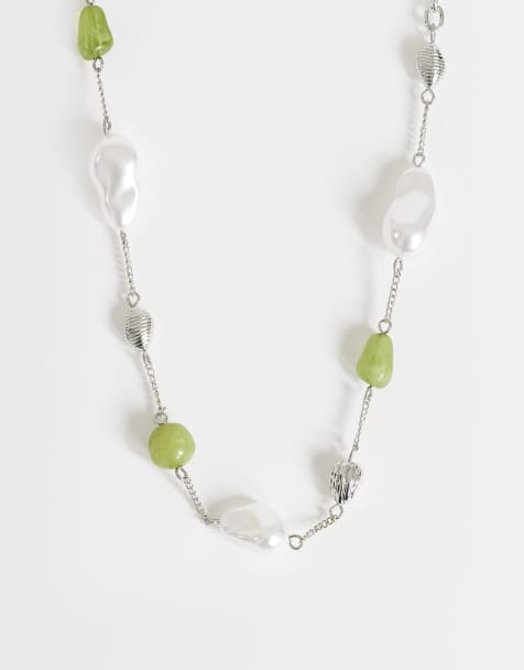 Topshop Omelia necklace in faux pearl, silver and green - view 1
