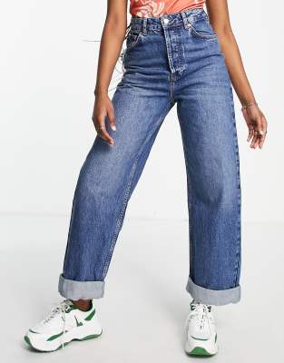 Topshop - One - Oversize-Mom-Jeans in Mittelblau