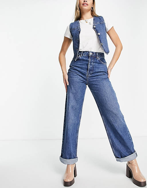 Topshop One oversized mom jeans in mid blue 