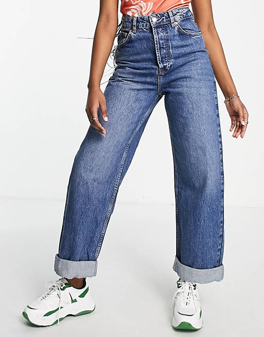 Topshop One oversized mom jeans in mid blue
