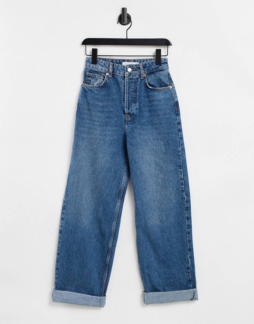 Topshop - One - Oversized mom jeans in mid wassing-Blauw