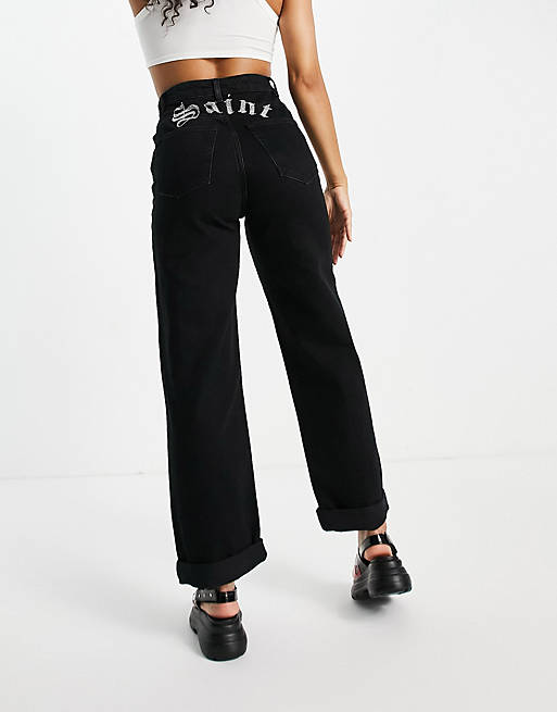 Topshop One oversized mom jeans with saint diamantes in wash black