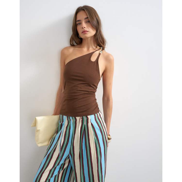 Topshop one shoulder beaded strap top in chocolate | ASOS