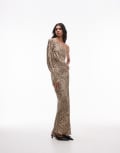 [Topshop] Topshop one shoulder bias cut maxi dress in tiger jacquard-Brown 12 BROWN