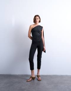 One shoulder cape detail top in black