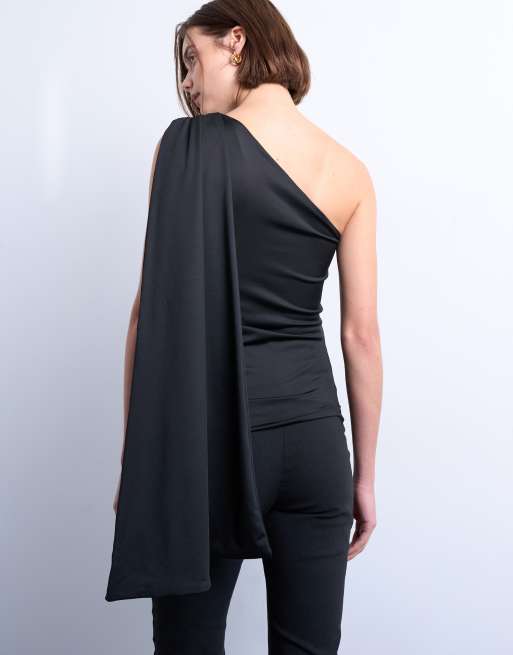 Topshop one shoulder cape detail top in black, 4 of 4