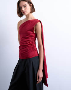 One shoulder cape detail top in red