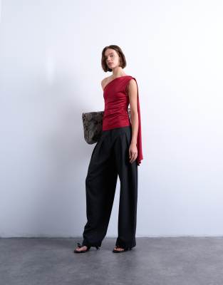 Topshop One Shoulder Cape Detail Top In Red