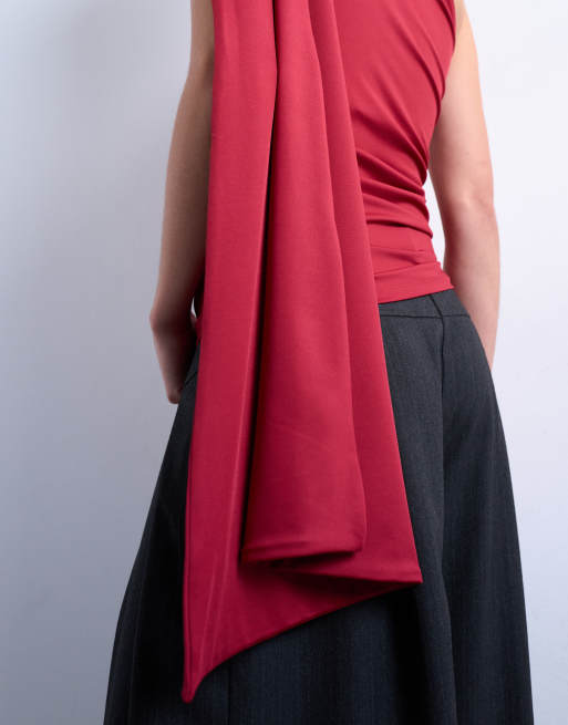 Topshop one shoulder cape detail top in red, 4 of 4