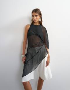 Model wearing One shoulder cape detail tunic in black