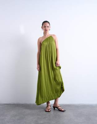 Topshop one shoulder chuck on liquid satin dress in green