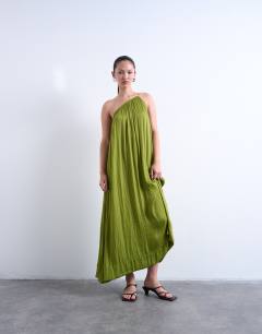 One shoulder chuck on liquid satin dress in green