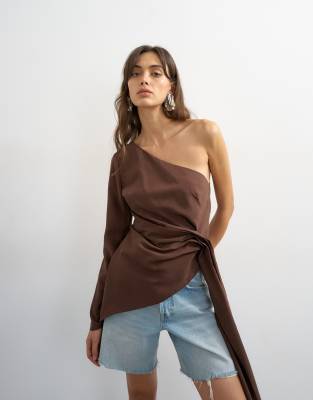 Topshop one shoulder cinch side draped top in chocolate