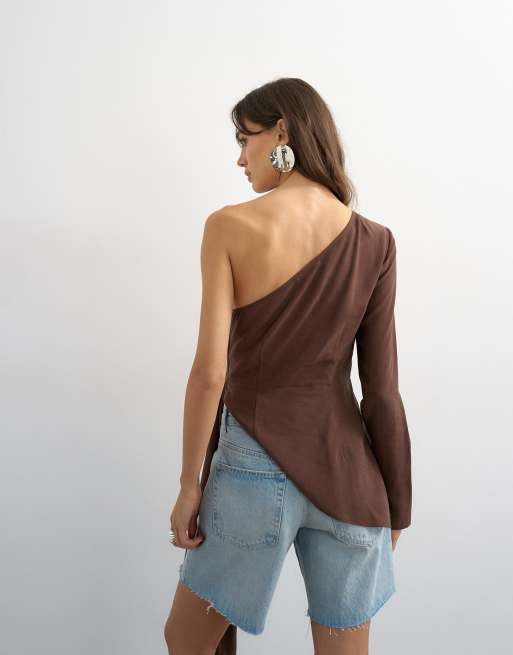 Topshop one shoulder cinch side draped top in chocolate, 2 of 4