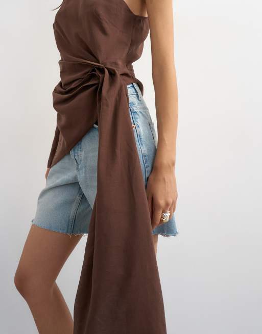 Topshop one shoulder cinch side draped top in chocolate, 3 of 4