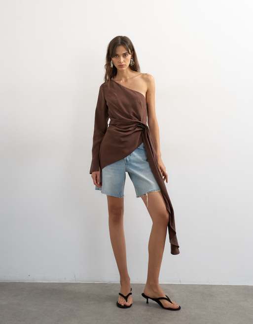 Topshop one shoulder cinch side draped top in chocolate, 4 of 4