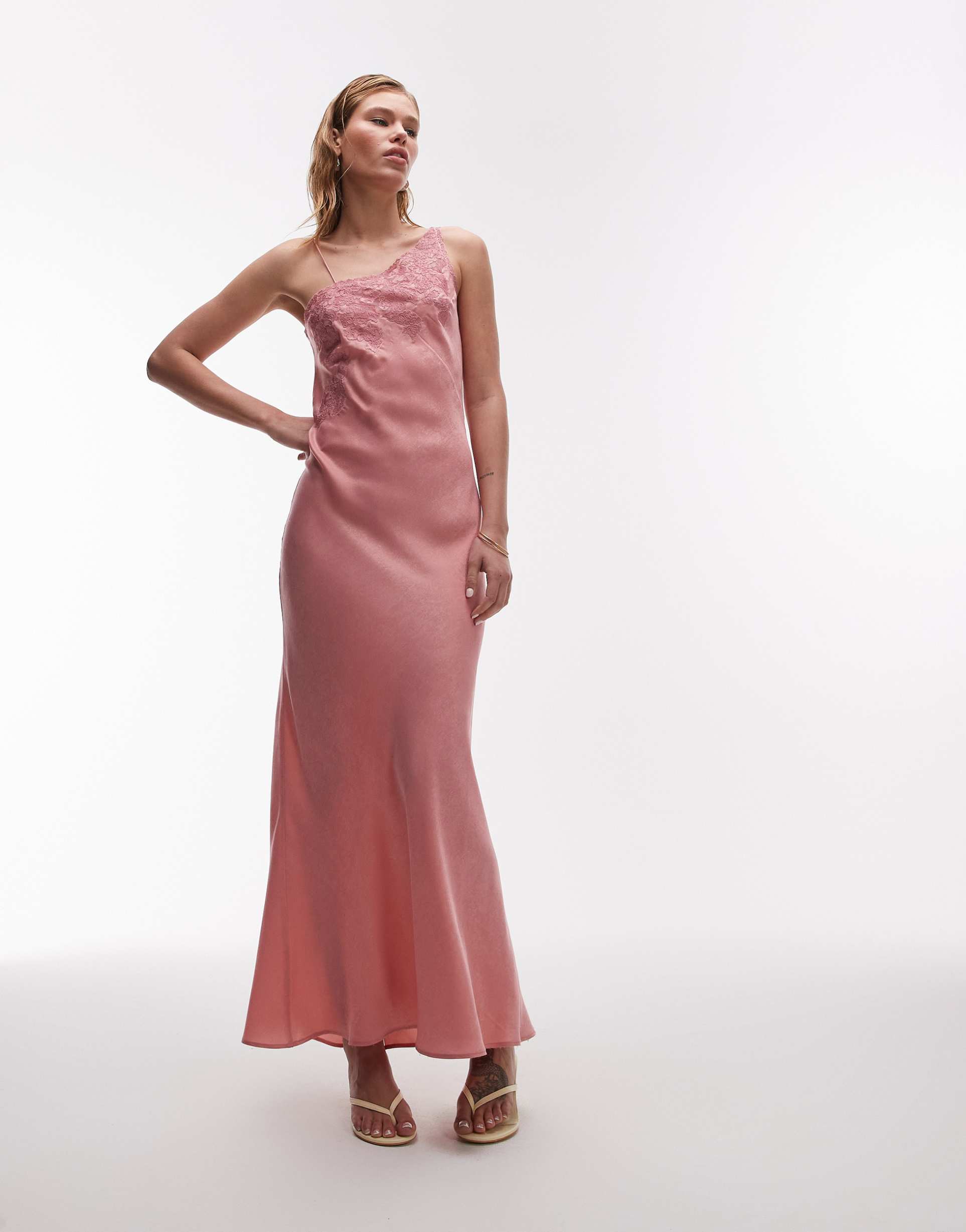 topshop one shoulder cutwork lace detail maxi dress in pink