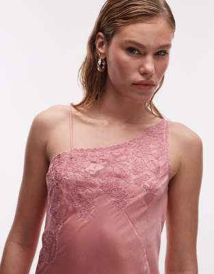 Topshop one shoulder cutwork lace detail maxi dress in pink