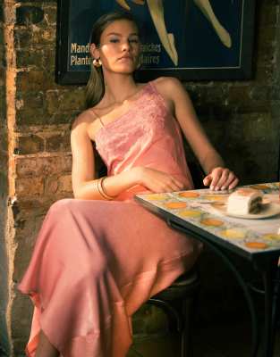 Topshop One Shoulder Cutwork Lace Detail Midaxi Dress In Pink