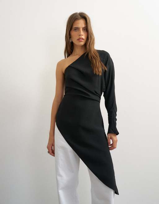 Topshop one shoulder draperet langærmet asymmetrisk tunika i sort, 3 af 4