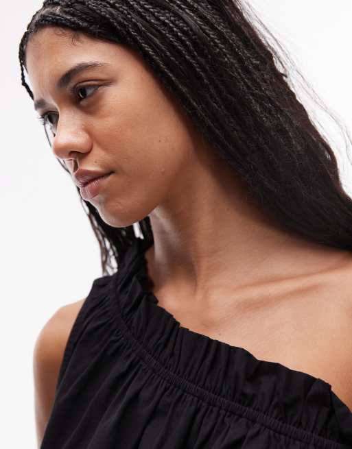 Topshop one-shoulder gathered detail top in black, 3 of 4