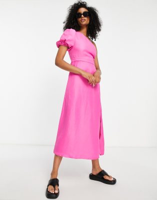 Topshop one shoulder linen midi dress in pink