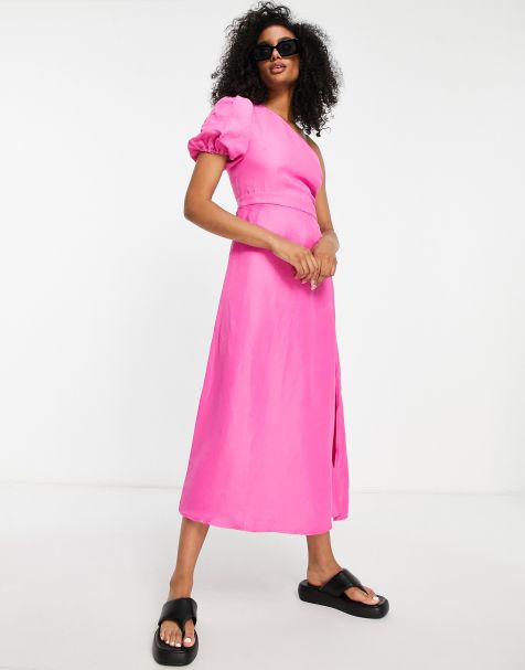 Topshop one shoulder linen midi dress in pink - view 1