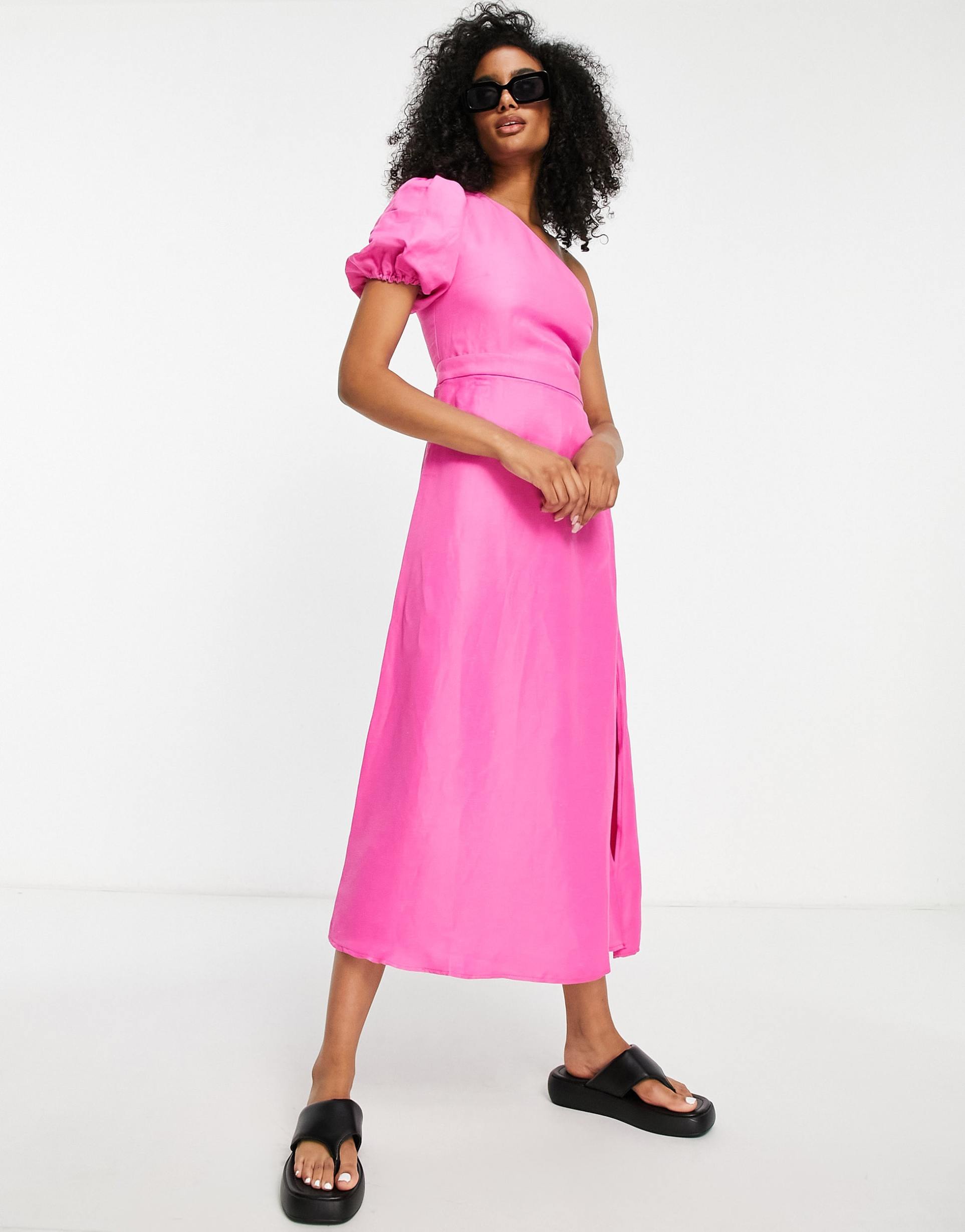 topshop one shoulder linen midi dress in pink