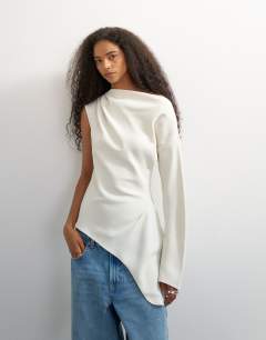 One shoulder long sleeve draped top in ecru