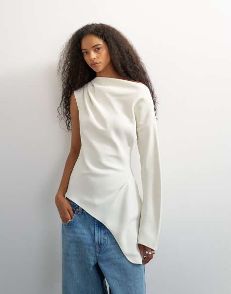 Topshop one shoulder long sleeve draped top in ecru