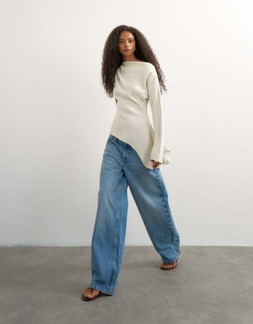 Topshop one-shoulder long sleeve draped top in ecru, 3 of 4